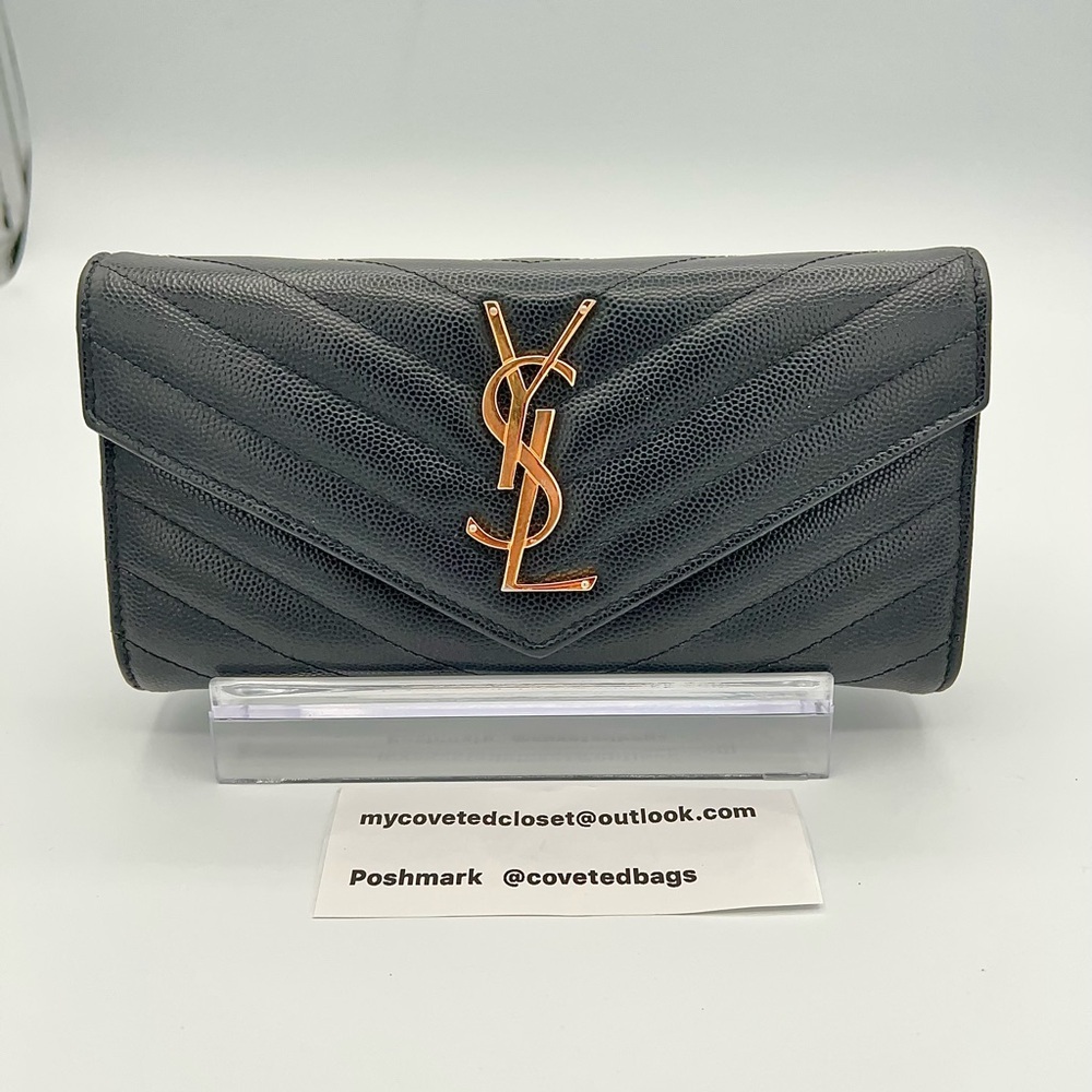 YSL Cassandre Matelassé Large Flap Wallet in Black.